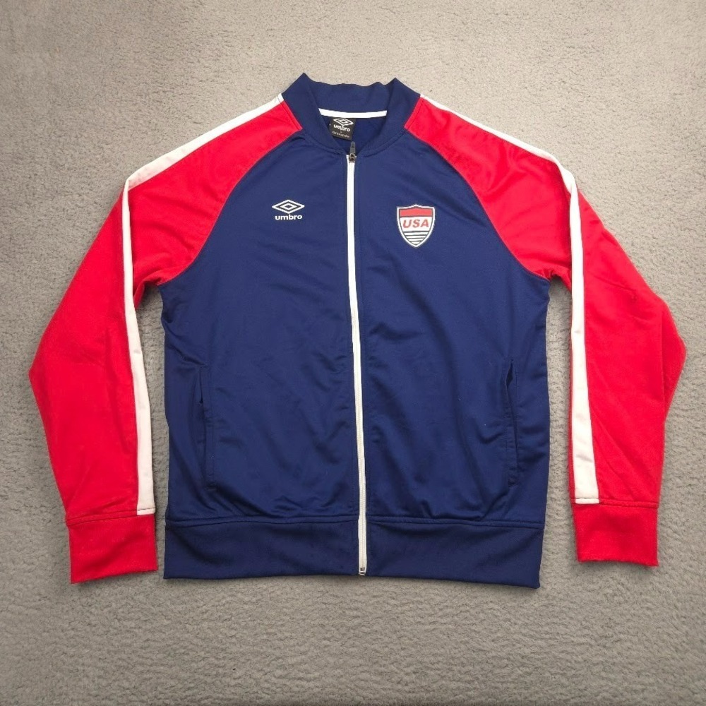 Umbro USA Soccer Track Jacket Mens L Blue Red Full Zip Striped Sleeve Warm Up